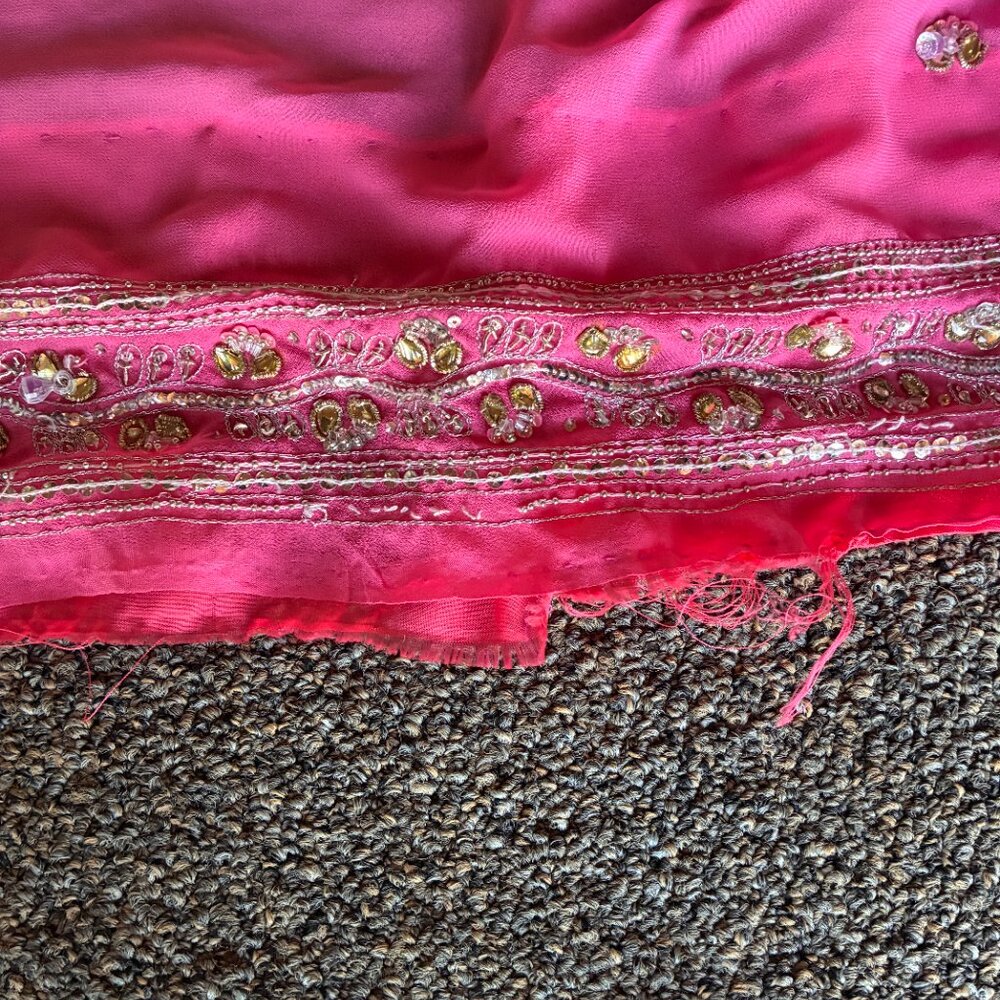 Elegant Pink Chiffon Sari with Clear Beads and Yellow Rhinestones - Picture 6 of 6